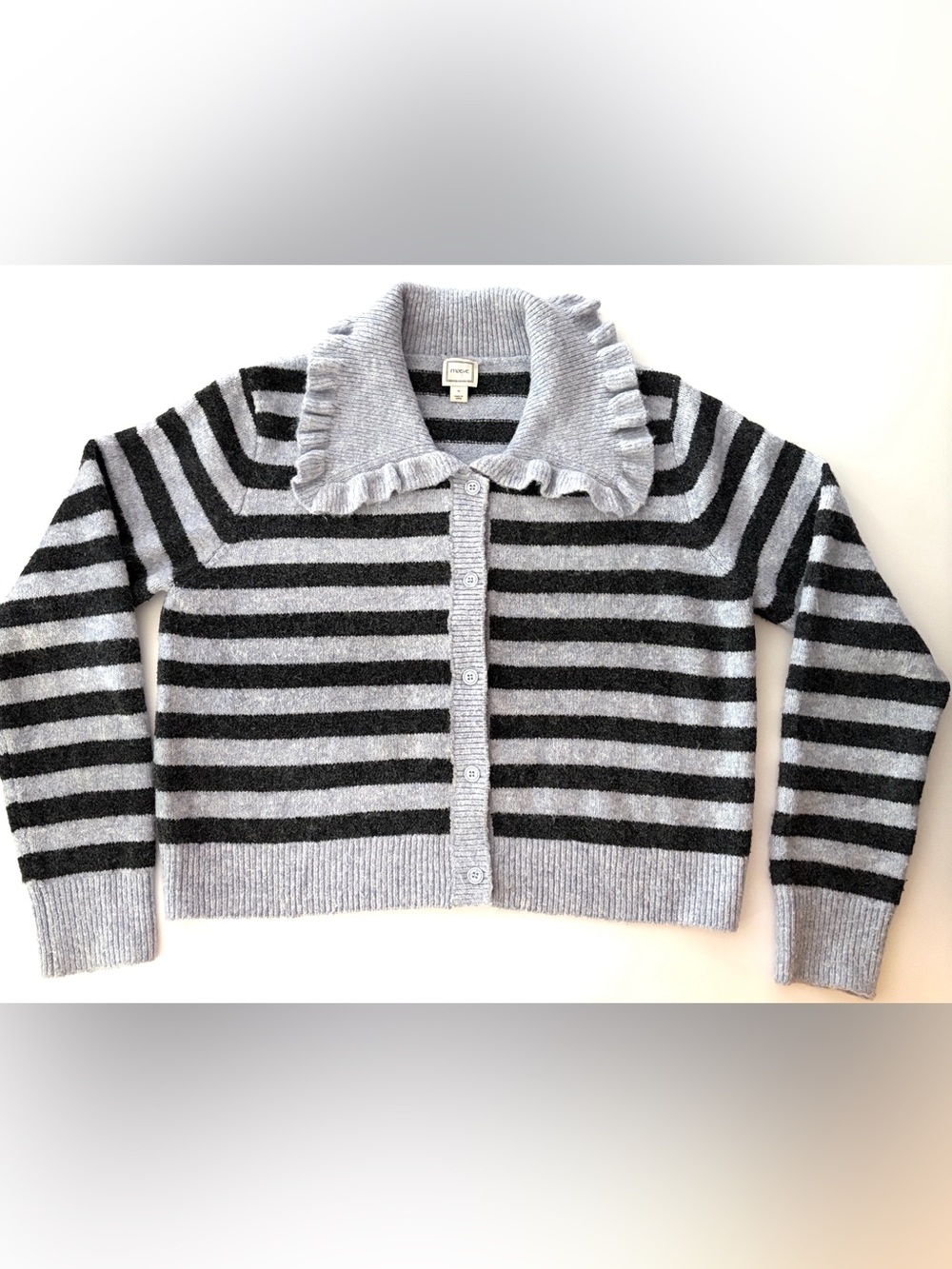 Anthropologie Maeve Ainsley Ruffle-Collar Cardigan Sweater Gray Blue size XL - Picture 7 of 13